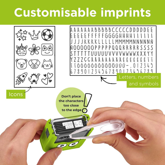 DIY MARKY - Timbro personalizzabile per bambini | Abbigliamento e oggetti per bambini | Inchiostro fino a 1000 impronte | Tutte le superfici | Kit completo con etichette e nastro termoadesivo