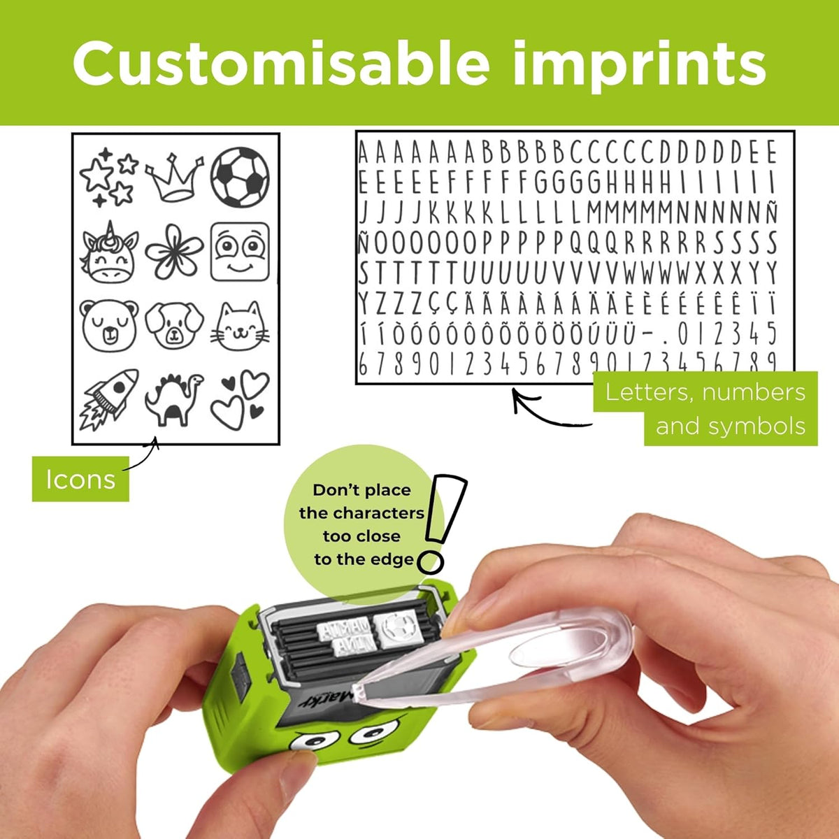 DIY MARKY - Timbro personalizzabile per bambini | Abbigliamento e oggetti per bambini | Inchiostro fino a 1000 impronte | Tutte le superfici | Kit completo con etichette e nastro termoadesivo