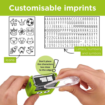 DIY MARKY - Timbro personalizzabile per bambini | Abbigliamento e oggetti per bambini | Inchiostro fino a 1000 impronte | Tutte le superfici | Kit completo con etichette e nastro termoadesivo
